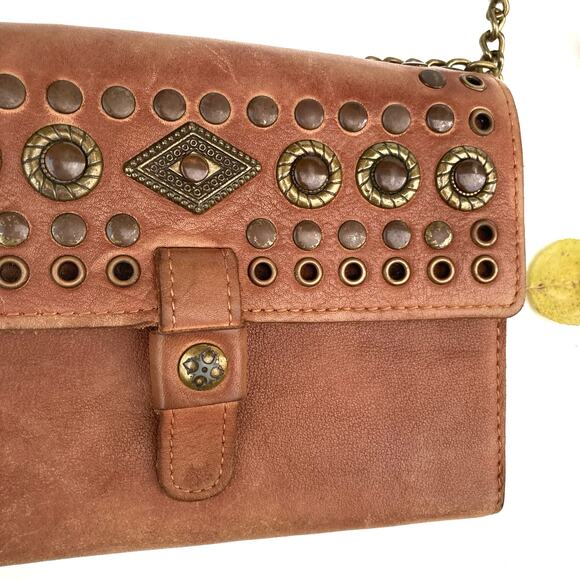 Reworked Patricia Nash Studded Italian Leather Bag w/ Brass Chain Strap & Charm - Picture 10 of 16